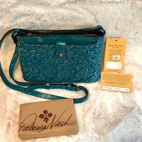 NWT Patricia Nash Aimee Teal Metallic Floret Tooled Crossbody P1085528 - Picture 13 of 14